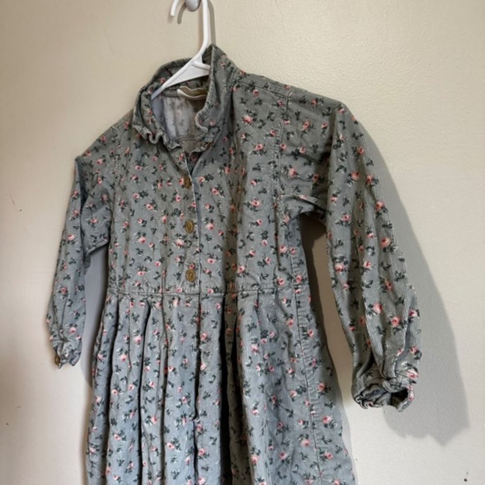 VTG Laura Ashley Kids Green Floral Corduroy Long Sleeve Ruffle Collar Dress 7Y - Picture 2 of 5